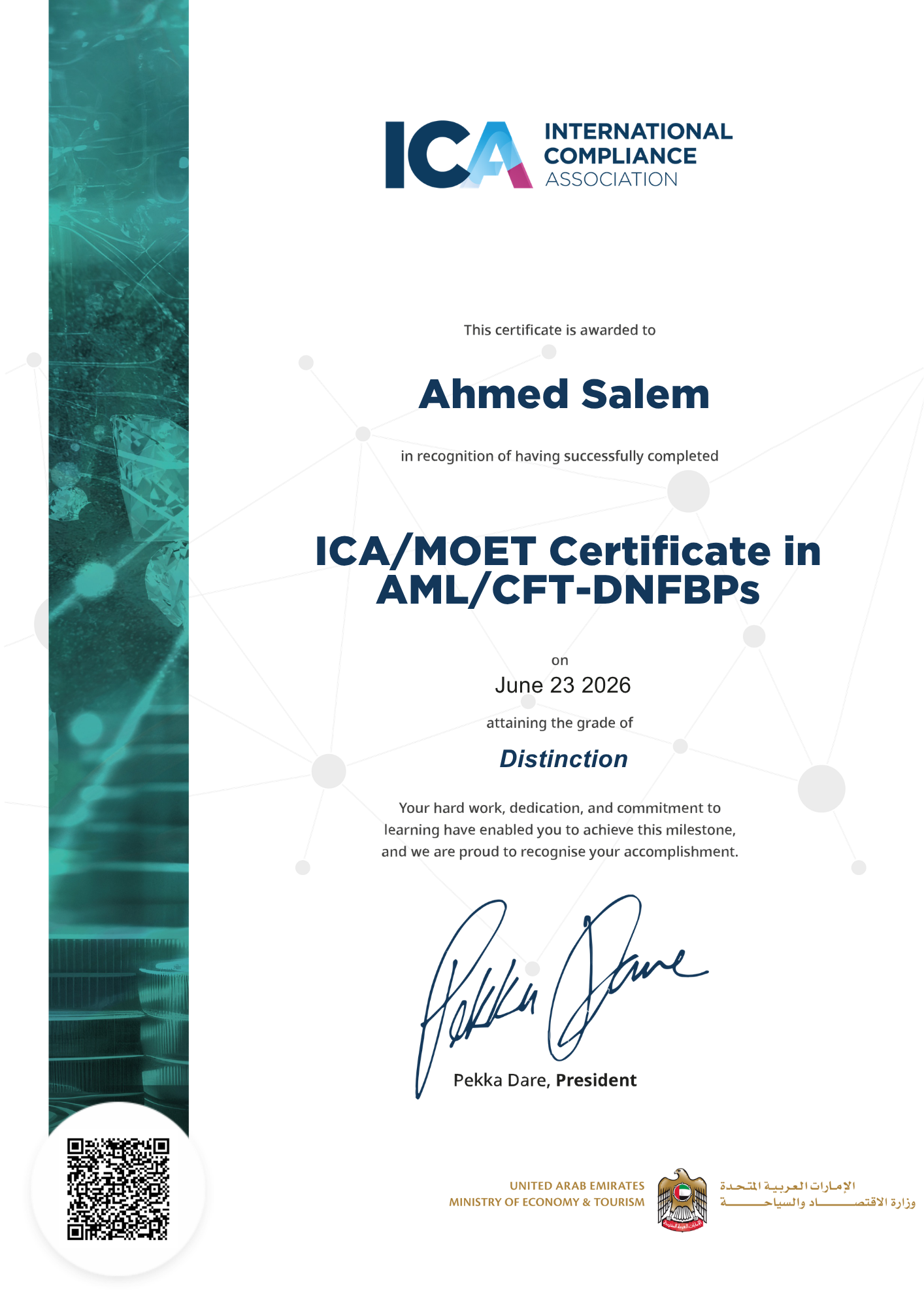 شهادة ICA/MoET في مكافحة غسل الأموال وتمويل الإرهاب للأنشطة والأعمال غير المالية المحددة (DNFBPs)
